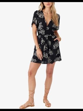 Oneill Amos Floral Mini Dress M Viscose Linen Embroidered Boho Festival Beach